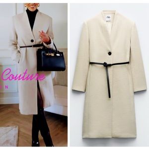 Zara Cream Long Wool Blend Coat with Black Belt